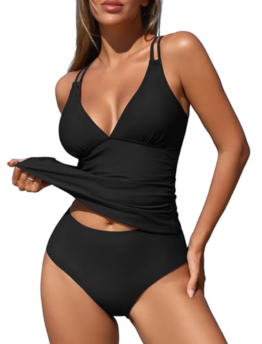 ZAFUL Womens Tankini Swimsuits V Neck Push Up Swim Top Color Block Tummy Control High Waisted Bathing Suits Swim Bottom