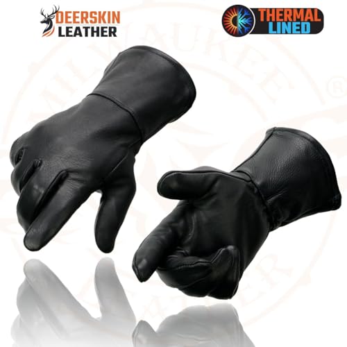 Milwaukee Leather SH857 Men's Long Cuff Thermal Lined USA Deerskin Black Leather Gauntlet Motorcycle Gloves