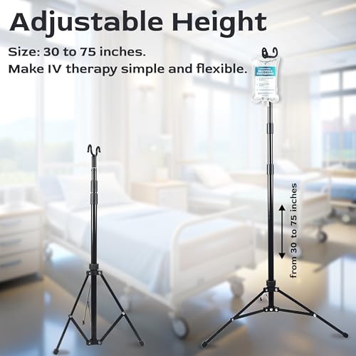 TidyFriend Steel Tripod IV Pole, Portable IV Pole Stand, Adjustable 30–75 in Height, Collapsible Stand with 2 Hooks & 3 Le...