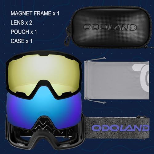Odoland Magnetic Interchangeable Ski Goggles Set with 2 Lens, Anti-Fog UV Protection Snowboard Snow Goggles for Men Women