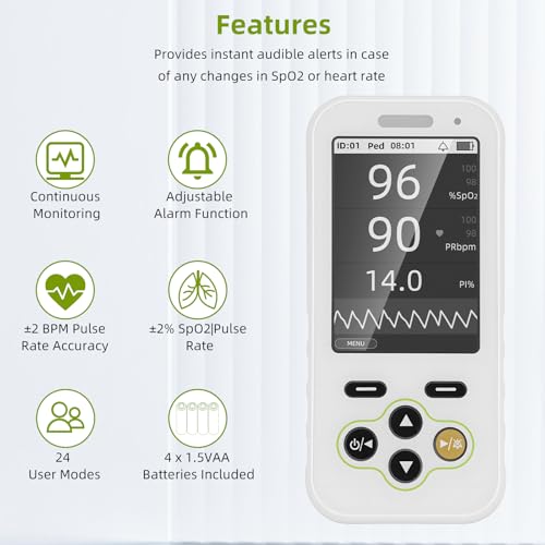 Handheld Pulse Oximeter with Real-Time Alarm -Continuous Adult Finger Spot Checks and Adjustable SpO2 level alarm