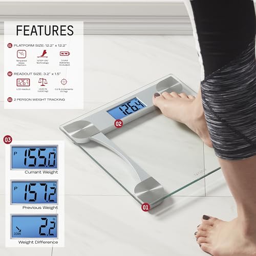 Taylor Digital Glass Scale, Tracks Body Weight with Dependable Readings, Bathroom Device Measuring Up to 440 lb, Battery-P...