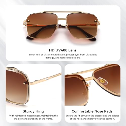 Dollger Square Aviator Sunglasses for Men and Women Fashion Metal Vintage Gradient Shades Sunglasses UV400 Protection