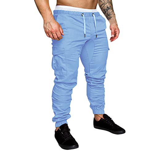 Mens Casual Pants Trendy Outdoor Hiking Athletic Cotton Cargo Pants Solid Color Drawstring Elastic Waisted Jogging Sweatpants