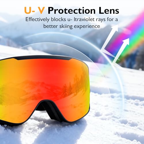 Beautiq Unisex Ski Goggles with Magnetic Flip Cover, OTG Compatible Snowboard Goggles for Winter- Anti-Fog & U V Protection
