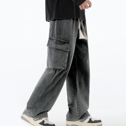 Mens Baggy Jeans Pants Loose Wide Leg Elastic Waist Cargo Pants Y2K Trendy Straight Drawstring Comfort Streetwear Trousers