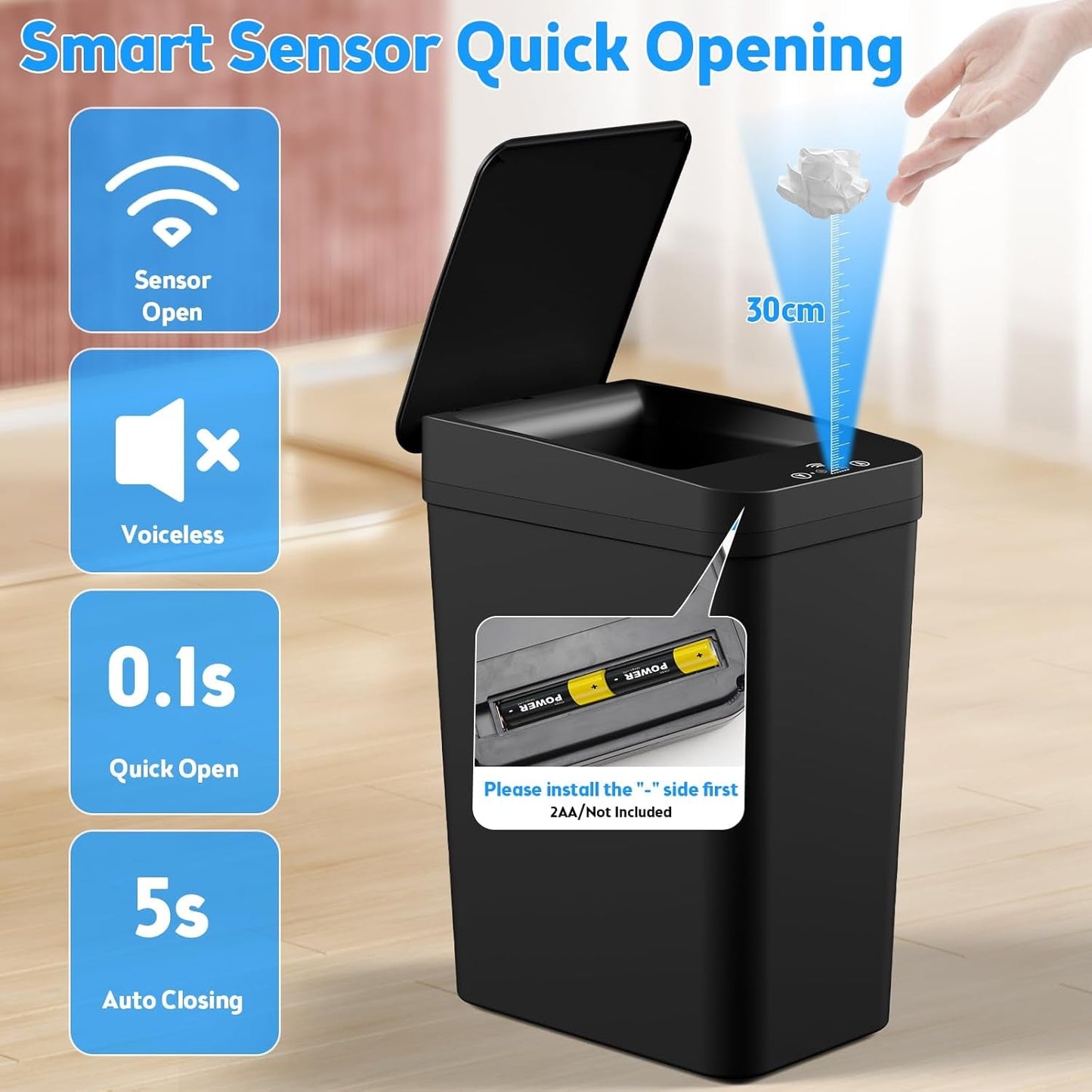 Bathroom Trash Can with Lid,  2 Pack 2.2 Gallon Automatic Touchless Garbage Can, Small Motion Sensor Smart Trash Can, Slim Waterproof Trash Bin for Bedroom, Bathroom, Office, Living Room (Black)