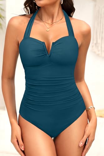 Daci Women's Tummy Control One Piece Swimsuit - Slimming Retro Bathing Suit Halter Swimwear 2026