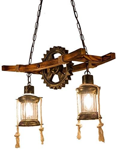 Wood Retro Pendant Lighting Industrial Vintage Chandelier Black Metal Bedroom Restaurant Suspension Lamp Cage Frame with Glass Shade House Loft Bar Coffee Decoration Ceiling Lights Fitting, E2