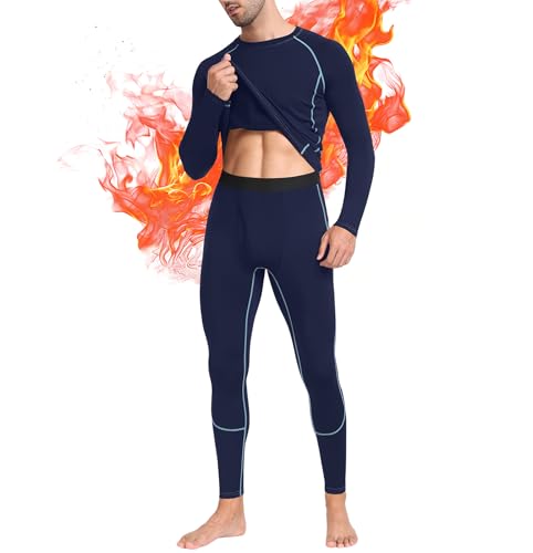 SIMIYA Thermal Underwear Set for Men Long Johns with Fleece Lined Base Layer for Workout Skiing Running Hiking Navy Blue