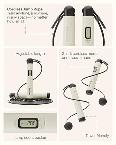 BetterMe Cordless Jump Rope with Counter - Tracks Jump Count & Workout Duration - Height Adjustable Jump Rope for Women an...