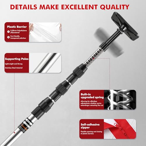 Teodute 12FT Dust Barrier Poles, 4 Pack Spring Retractable Zipper Wall Poles for Dust Barrier System with 2 Heavy-Duty Zip...