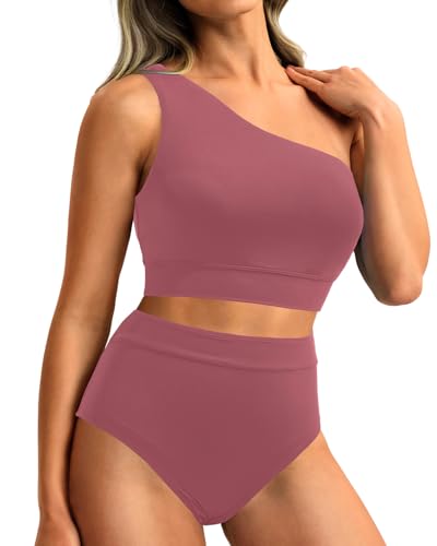 Holipick Women One Shoulder High Waisted Bikini Sets Two Piece Swimsuit Tummy Control Bathing Suit Full Coverage Swimwear