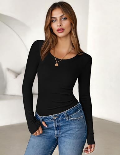 Ekouaer Womens Long Sleeve Shirts 3 Packs Scoop Neck Ribbed Tops Fitted Thermal Undershirt Soft Layering Tees XS-XXL
