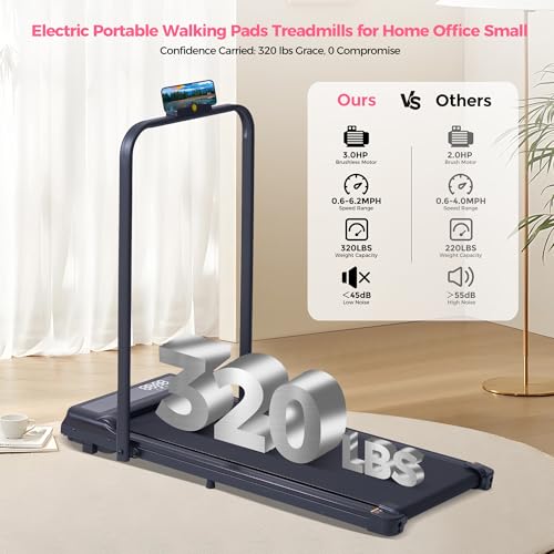 Portable Treadmill with Handles, 0.6-6.2MPH Compact Walking Pad with Handle Bar, 3.0HP Electric Walking Pads Treadmills fo...