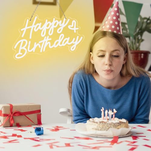 Happy Birthday Neon Sign for Party and Wall Decor,15 * 9 inch Warm White Led Neon Light Signs with USB and Dimmer Switch,H...