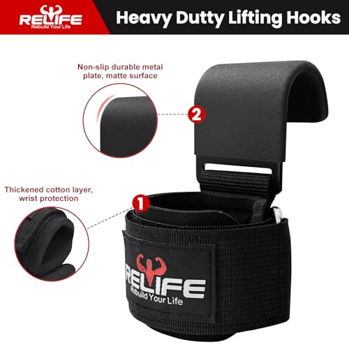 RELIFE REBUILD YOUR LIFE Lifting Hooks for Men and Women(Pair), Pull Up Straps, Gym Reapers Lifting Wrist Grips, Heavy Pow...