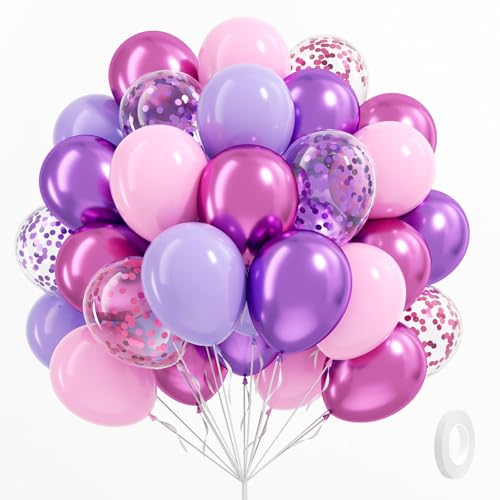 61pcs Pink and Purple Balloons, 12 Inch Purple Pink Confetti Balloons, Metallic Balloon with Ribbon for Bridal Baby Shower...