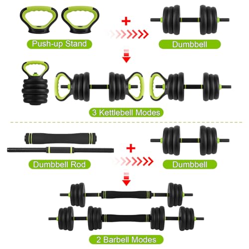 Adjustable Dumbbell Set, 44Lbs 4-in-1 Free Weight Set with Connector, Converts to Barbell, Kettlebell & Push-Up Stand, Hom...