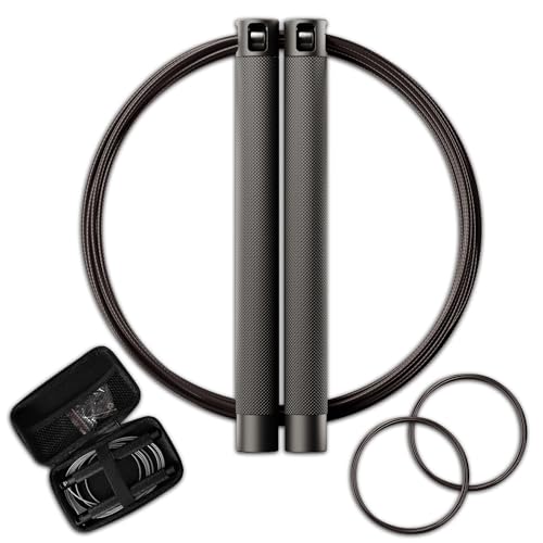 Jump Rope Set - Adjustable Speed Jump Rope - 2x Steel Coated Ropes, Carrying Case - Aluminum Anti Slip Handles with Double...