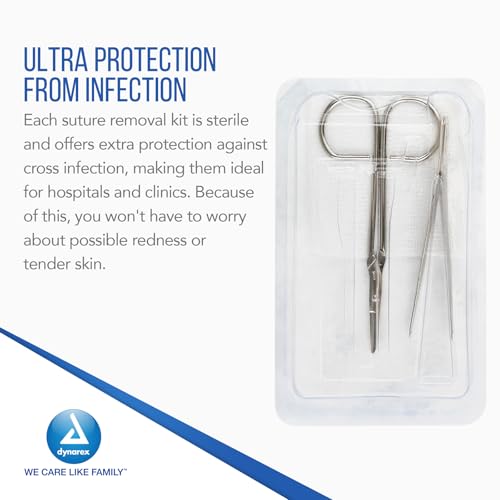 Dynarex Suture Removal Kits, Sterile, Acts as a Staple and Suture Extractor for a Near Painless Experience, Includes Littauer Scissors, Gauze Sponge, and 4" Metal Forceps, Case of 50