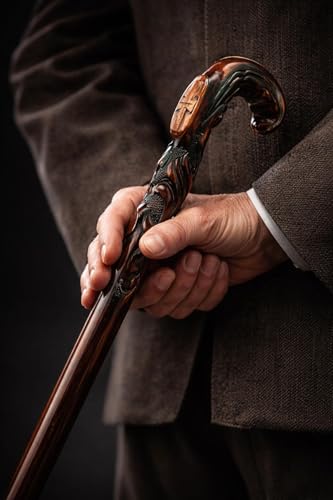 Wooden Christian Cross Engraved Hand Carved Cane - Premium Wood Carved Walking Stick Cane with Ergonomic Palm Grip Handle...