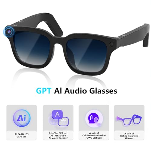 AI Smart Glasses with ChatGPT, 8MP Camera Glasses with Camera and Audio, AI Translation Sunglasses with 164 Languages, Blu...