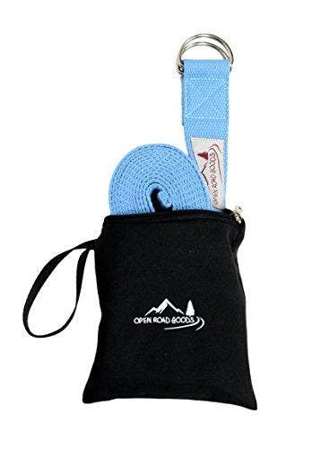 Open Road Goods 8ft Extra Long 100% Cotton Yoga Strap with Bag: Pastel Multicolor, Blue, or Black - Yoga Stretching Prop w...