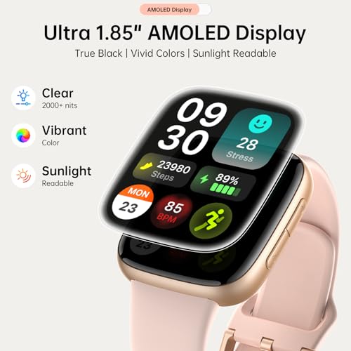 Quican Smart Watches for Women Men with 2 Bands, 1.85-inch AMOLED HD Display (390x450), 12-Day Battery Life, 3ATM Waterpro...