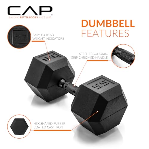 CAP Barbell 55 LB Rubber Coated Hex Dumbbell Hand Weight - Pair | Black Handle