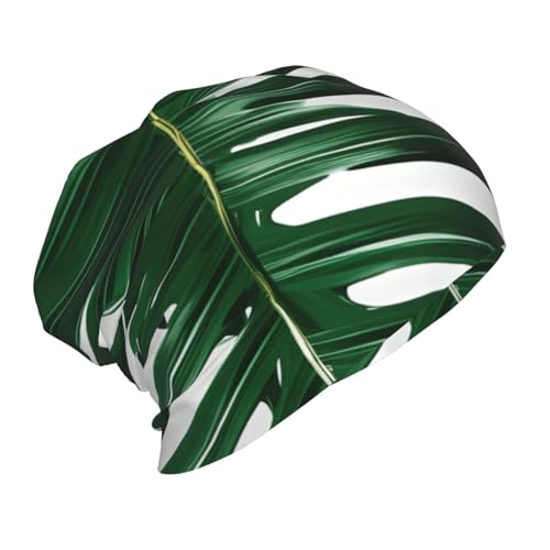 Green Palm Leafs Print Soft Beanie Winter Hat Warm Thermal Cap Headwear for Snow Play Outdoor Activities