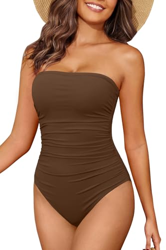 Holipick Women Tummy Control One Piece Swimsuits Strapless Bandeau Bathing Suits Slimming Halter Swimwear