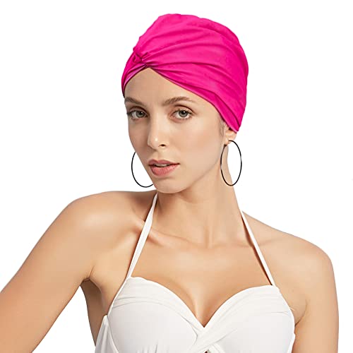 Women Swim Cap Elastic Swim Turban Cap Cover Ear Bath Pool Swimming Cap Pleated Shower Cap for Long Short Weave Curls Hair