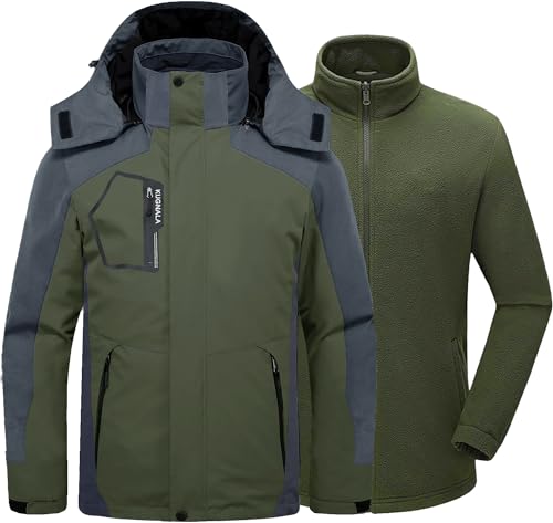 Kugnala Mens Winter Skiing Jacket 3 in 1 Waterproof Warm Snow Fleece Lining Coat Hooded Windproof Jacket S-6XL