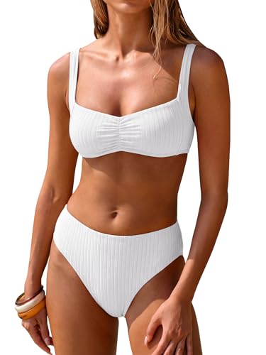 ANRABESS Womens Bikini Sets Two Piece Swimsuit Ribbed Front Ruched Mid Waisted Bathing Suit Color Block 2026 Beach Swimwear