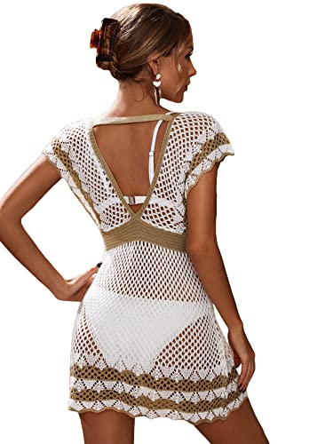 GORGLITTER Women's Crochet Hollow Out Cover Up Dress V Neck Cap Sleeve Beach Coverups Swimsuit