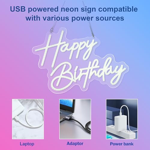 Happy Birthday Neon Sign Art Wall Lights for Beer Bar Club Bedroom Hotel Pub Cafe Wedding Birthday Party Gifts (White)