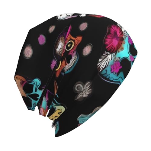 Sugar and Skulls Style Print Beanie Hat for Men and Women Stretchy Slouchy Winter Warm Cap Headwear Accessory Black