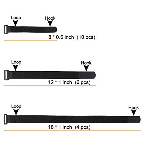 YiwerDer Reusable Fastening Cable Straps and Cable Ties Set 20 Pack(8"-12"-18"), Adjustable Multi-Purpose Hook and Loop Co...