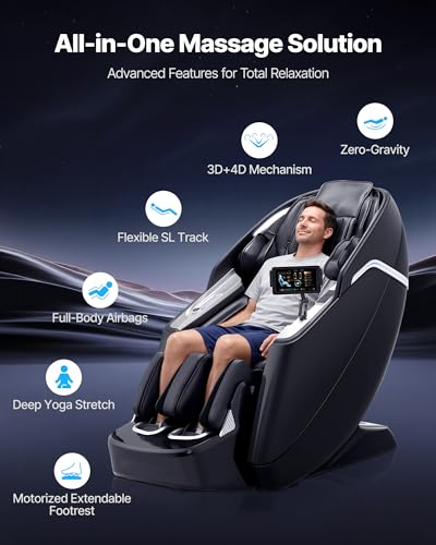 VEVOR 4D+3D Full Body Massage Chair - SL Track, AI Voice Control, Electric Extendable Footrest, Yoga Stretch, TFT Touchscr...