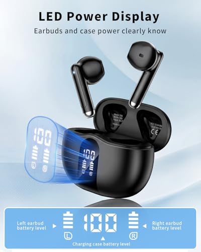 Wireless Earbuds, Bluetooth 5.4 Headphones HiFi Stereo, Ear Buds with 50H Playback, LED Display Wireless Earphones Clear C...