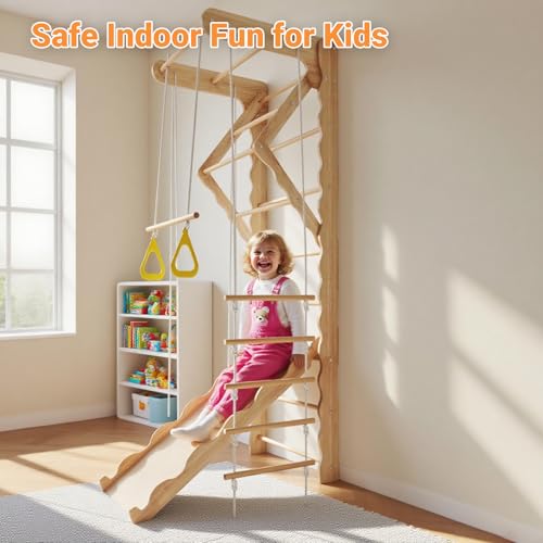 Mulinsonfly 5-in-1 Wooden Indoor Jungle Gym for Kids, Wall-Mounted Swedish Ladder with Pull-Up Bar, Rings, Swing, and Slid...