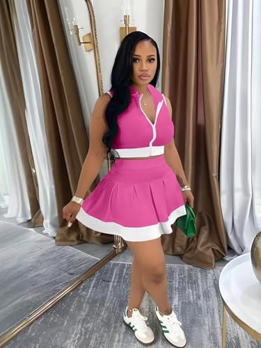 Ophestin Women 2 Piece Outfits Colorblock Workout Tennis Skirt Sets Zipper Crop Top Pleated Mini Dress Going Out Party