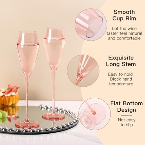 JOVGANG Pink Champagne Flutes Set of 6-7.5oz Hand-Blown Lead-Free Crystal Champagne Glass, Wedding Champagne Flutes, Date ...