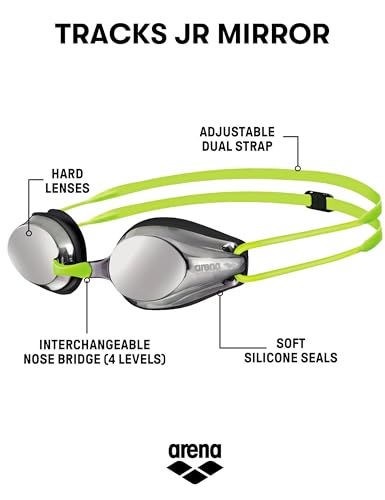 ARENA Tracks Unisex Junior Youth Essential Racing Swim Goggles Kids Swimmers Young Racers Anti-Fog Coated Mirror Lens, Sil...