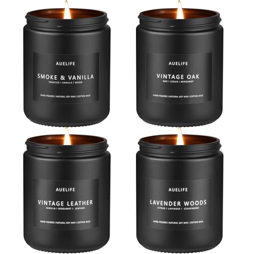 Scented Candles Set | Men Candle Set, Scented Candles for Home, Gifts for Men Aromatherapy Gift Set - 4 Pack Manly Gifts for Dad Fathers Day, Soy Candle of Leather/Smoke & Vanilla/Oak/Lavender