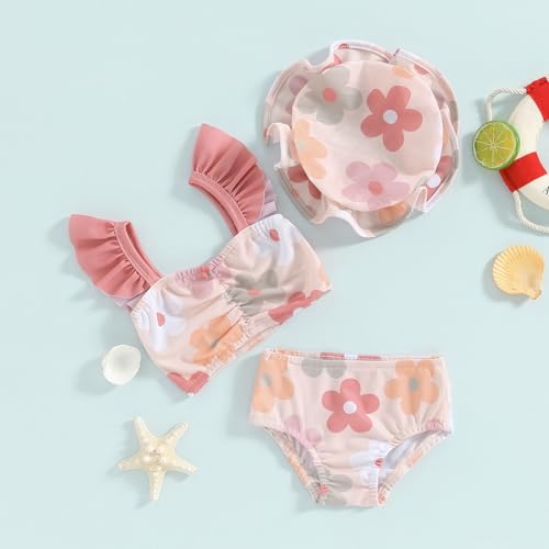 Xiaodriceee Toddler Baby Girl Two Piece Swimsuit Floral Print Fly Sleeve Tankini Bathing Suit Beach Swimwear Bikini