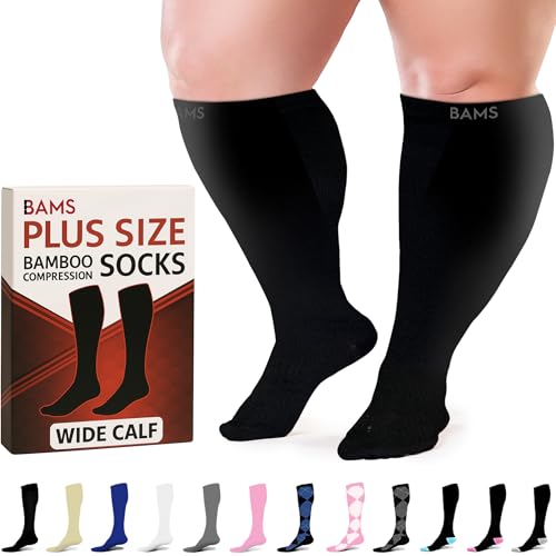 BAMS Plus Size Compression Socks Wide Calf XL XXL XXXL – Graduated Knee-High Support, Viscose from Bamboo Easy-On/Easy-Off