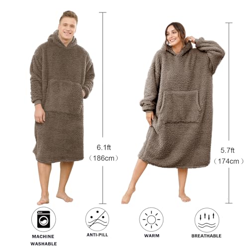 ililmmoe Sherpa Wearable Blanket Oversized Hoodie Sweatshirt TV Blanket with Long Sleeves and Pocket (CoolBrown, One Size)