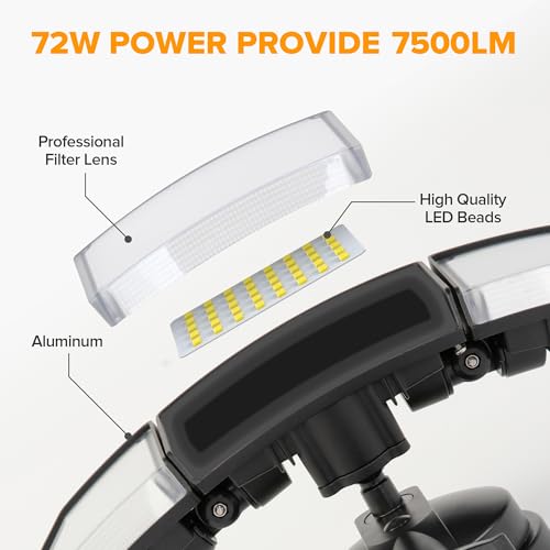 LUTEC 72W 7500LM LED Security Lights Motion Sensor Light Outdoor, 5000K Daylight, IP65 Waterproof, Dusk to Dawn, 3-Head Mo...
